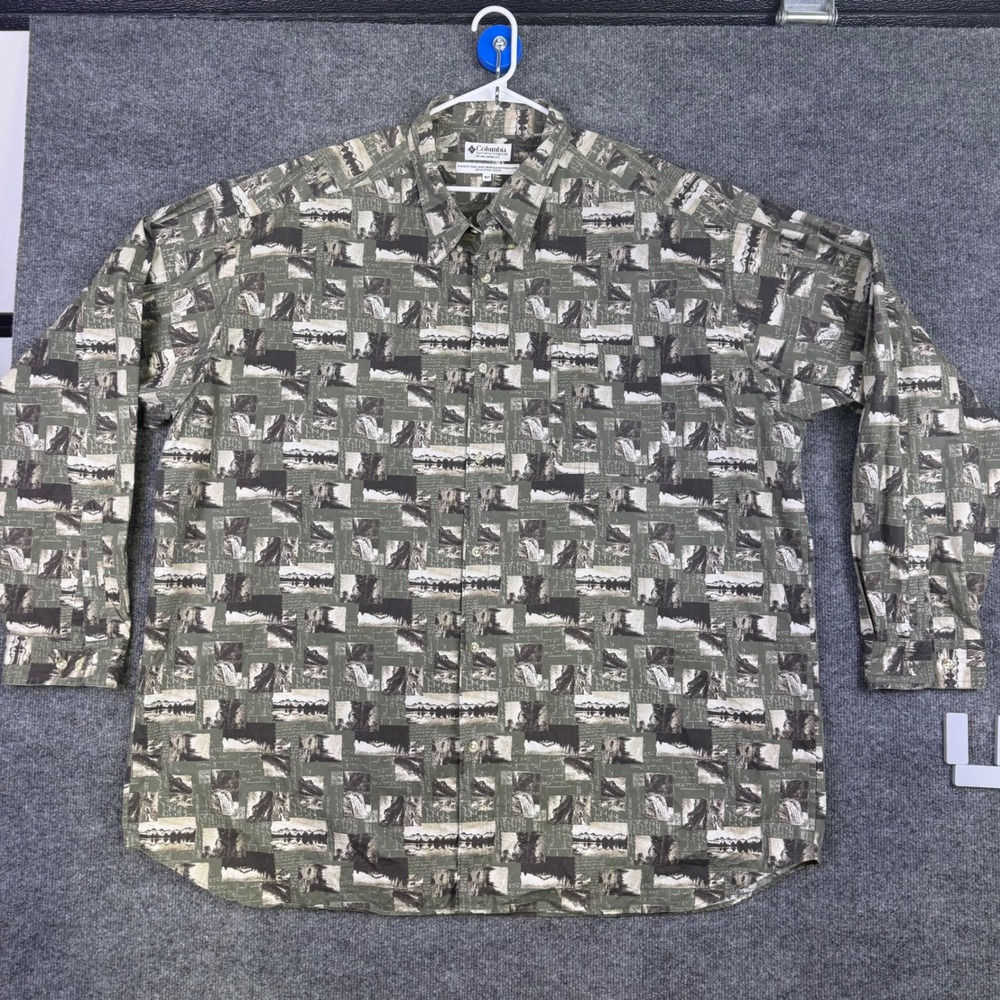 Columbia Mens 4XT Postcard Nature Print Cotton Long Sleeve Button Shirt Green